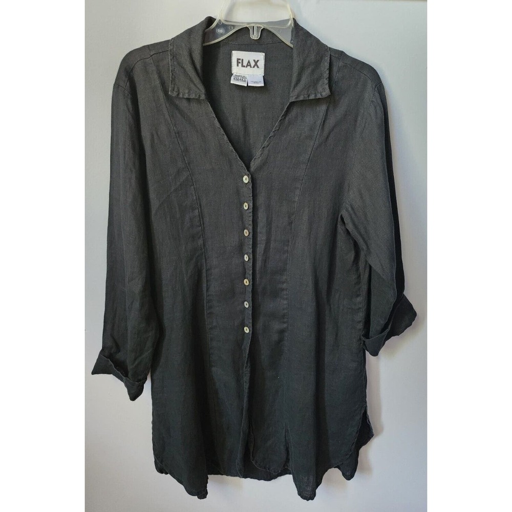 FLAX Button-Front Black 100% Linen Shirt Tunic Dress small Lagenlook side vented